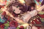  1girl arm_up armlet breasts brown_hair cleavage closed_mouth dancer dorothea_arnault dress fire_emblem fire_emblem:_three_houses flower fujimaru_(green_sparrow) green_eyes long_hair smile solo twitter_username 