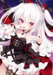  1girl :p azur_lane bangs black_dress black_ribbon black_sleeves blush bracelet breasts brown_legwear cleavage closed_mouth commentary_request detached_sleeves dress eyebrows_visible_through_hair garter_straps hair_between_eyes hair_ornament hair_ribbon hands_up highres jewelry koko_ne_(user_fpm6842) long_hair long_sleeves looking_at_viewer red_eyes red_ribbon ribbon ring small_breasts smile solo spiked_bracelet spikes strapless strapless_dress thighhighs tongue tongue_out two_side_up vampire_(azur_lane) very_long_hair white_hair wide_sleeves 