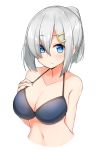  1girl absurdres alternate_hairstyle bangs blue_eyes blush bra breasts cleavage closed_mouth collarbone eyebrows_visible_through_hair eyes_visible_through_hair hair_ornament hairclip hamakaze_(kantai_collection) hand_on_own_chest highres kantai_collection large_breasts navel ponytail sakikumo_(sakumo) short_hair silver_hair simple_background solo underwear upper_body white_background 