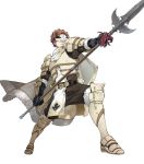  1boy 88_taho armor armored_boots boots cape conrad_(fire_emblem) fire_emblem fire_emblem_echoes:_shadows_of_valentia fire_emblem_heroes full_body fur_trim gloves highres male_focus mask official_art orange_hair polearm scarf solo spear transparent_background weapon 