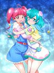  2girls :d ahoge aqua_gloves bangs blue_eyes blue_hair blue_hairband blunt_bangs closed_mouth commentary_request eyebrows_visible_through_hair gloves hagoromo_lala hairband highres hoshina_hikaru hug jewelry looking_at_viewer multiple_girls nakahira_guy open_mouth pendant precure red_hair short_hair single_glove smile star star-shaped_pupils star_twinkle_precure symbol-shaped_pupils twintails v yuri 