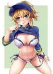  1girl ahoge artoria_pendragon_(all) baseball_cap bikini blonde_hair blue_eyes blush breasts cleavage eyebrows_visible_through_hair fate/grand_order fate_(series) hat large_breasts lifted_by_self mysterious_heroine_xx_(foreigner) navel outside_border parted_lips ponytail ribbon samoore shirt_lift side-tie_bikini simple_background skindentation solo swimsuit thigh_ribbon white_bikini wristband 