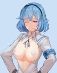  1girl absurdres armband blue_background blue_eyes blue_hair blue_ribbon breasts closed_mouth hairband hand_on_hip heart heart-shaped_pupils highres one_eye_closed original pasties ribbon short_hair simple_background smile solo symbol-shaped_pupils uedrk_yamato upper_body 