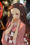  1girl blurry blurry_background blush brown_hair checkered commentary_request depth_of_field eating fangs fingernails food forehead hair_ribbon highres holding holding_food japanese_clothes kamado_nezuko kimetsu_no_yaiba kimono long_fingernails long_hair long_sleeves nail_polish night obi outdoors pink_eyes pink_kimono pink_nails pink_ribbon ribbon sash sharp_fingernails signature solo upper_body very_long_hair wavy_hair wide_sleeves yume_ou 