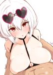  1boy 1girl arm_grab azur_lane bangs bikini black_bikini blush breasts choker cleavage closed_mouth collarbone commentary cum cum_on_body cum_on_breasts cum_on_upper_body donutman eyebrows_visible_through_hair eyewear_on_head hair_between_eyes heart heart-shaped_eyewear heavy_breathing hetero highres large_breasts looking_at_viewer navel o-ring o-ring_top paizuri pink-framed_eyewear pov red_eyes short_hair short_twintails simple_background sirius_(azur_lane) sirius_(midsummer_seirios)_(azur_lane) sunglasses sweat sweatdrop swimsuit trembling twintails white_background white_hair 