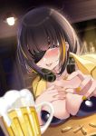  1girl alcohol ammunition beer beer_mug black_eyes black_hair blush breast_rest breasts bullet collarbone cup drunk eyepatch girls_frontline headphones headphones_around_neck large_breasts long_hair m16a1_(girls_frontline) multicolored_hair nail_polish open_clothes open_mouth open_shirt pei_er_xia shirt solo streaked_hair two-tone_hair 