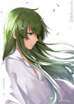  androgynous closed_mouth ebifurya enkidu_(fate/strange_fake) eyebrows_visible_through_hair fate/strange_fake fate_(series) green_eyes green_hair grey_eyes highres long_hair robe simple_background smile solo twitter_username white_background white_robe wind wind_lift 