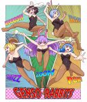  5girls animal_ears black_leotard blonde_hair blue_hair breasts collarbone covered_navel floppy_ears highres igu_(103milk) inaba_tewi leotard long_hair medium_breasts moon_rabbit multiple_girls no_shoes open_mouth pantyhose playboy_bunny purple_eyes purple_hair rabbit_ears rabbit_girl rabbit_tail red_eyes reisen_(touhou_bougetsushou) reisen_udongein_inaba ringo_(touhou) seiran_(touhou) small_breasts strapless strapless_leotard tail touhou very_long_hair 