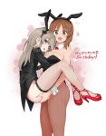  2girls absurdres animal_ears aomushi_(mushamusha) ass_grab bangs black_leotard breasts brown_eyes brown_hair bunny_ears bunny_girl bunnysuit carrying commentary_request dated detached_collar eyebrows_visible_through_hair fake_animal_ears fishnet_pantyhose fishnets girls_und_panzer hairband happy_birthday high_heels highres large_breasts leotard light_brown_eyes light_brown_hair long_hair looking_at_viewer multiple_girls nishizumi_miho pantyhose red_footwear shimada_arisu short_hair thighhighs wrist_cuffs yuri 