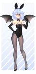  1girl :d absurdres alternate_costume animal_ears bangs bare_shoulders bat_wings bespectacled black-framed_eyewear black_bow black_footwear black_gloves black_hairband black_legwear black_leotard black_neckwear black_wings blue_background blue_hair blush bow bowtie breasts bunny_ears bunnysuit cameltoe cleavage commentary_request covered_navel detached_collar diagonal-striped_background diagonal_stripes elbow_gloves eyebrows_visible_through_hair full_body glasses gloves gradient gradient_background hairband hand_on_hip high_heels highres leotard looking_at_viewer open_mouth over-rim_eyewear pantyhose red_eyes remilia_scarlet semi-rimless_eyewear short_hair small_breasts smile solo standing strapless strapless_leotard striped striped_background touhou upper_teeth v-shaped_eyebrows wings wu_yao_jun 