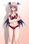  1girl bat_wings bespectacled blush bra breasts cleavage collarbone commentary_request cowboy_shot crossed_arms ear_blush eyebrows_visible_through_hair glasses gradient gradient_background head_wings highres koakuma large_breasts long_hair looking_at_viewer navel panties pointy_ears red_bra red_eyes red_hair red_panties semi-rimless_eyewear shadow simple_background smile solo thigh_gap touhou underwear underwear_only very_long_hair wings yumi_(careca398) 