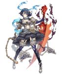  1girl alice_(sinoalice) armor armored_dress chain cleavage_cutout dark_blue_hair dress eyebrows_visible_through_hair frilled_dress frills full_body gold_trim hairband ji_no looking_at_viewer navel navel_cutout official_art red_eyes reverse_grip short_hair sinoalice smoke solo sword tattoo thighhighs transparent_background weapon 