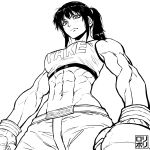  1girl abs boxing_gloves from_below highres inktober ishido_natsuo jamrolypoly looking_at_viewer muscle muscular_female ponytail simple_background solo tagme teppuu white_background 