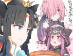  +_+ 3girls animal_ears animal_hood bangs black_capelet black_gloves black_hair black_leotard blush capelet closed_mouth commentary_request elbow_gloves eyebrows_visible_through_hair fake_animal_ears fate/grand_order fate_(series) gloves gomennasai grey_eyes hair_over_one_eye hand_in_hair hand_up heart hood hood_up hooded_capelet leotard long_hair mash_kyrielight medusa_(lancer)_(fate) multiple_girls open_mouth parted_bangs pink_hair purple_eyes purple_hair rider short_hair sidelocks smile sparkle thick_eyebrows translation_request ushiwakamaru_(fate/grand_order) 