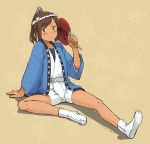  1girl alternate_costume brown_background brown_eyes brown_hair fan hachimaki hair_ornament hairclip hanten_(clothes) headband i-401_(kantai_collection) kantai_collection kawashina_(momen_silicon) looking_at_viewer paper_fan ponytail short_hair short_ponytail shorts sitting socks solo uchiwa white_legwear white_shorts 