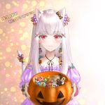  1girl animal_ears candy cat_ears cat_tail closed_mouth earrings fire_emblem fire_emblem:_three_houses food hair_ornament halloween halloween_basket halloween_costume happy_halloween holding inkling jewelry kirby kirby_(series) long_hair lysithea_von_ordelia pink_eyes smile solo splatoon_(series) tail the_legend_of_zelda triforce upper_body user_zjyt4387 white_hair 