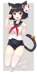  1girl :3 :d animal_ear_fluff animal_ears ass_visible_through_thighs azur_lane bangs bell black_hair black_sailor_collar black_school_swimsuit black_swimsuit blush breasts cat_ears collarbone covered_navel eyebrows_visible_through_hair fang full_body grey_background highres jingle_bell large_breasts looking_at_viewer mask mask_on_head no_shoes one-piece_swimsuit open_mouth paw_pose red_eyes red_neckwear ribbon sailor_collar school_swimsuit shirt short_hair simple_background smile solo swimsuit tail tail_bell tail_ribbon thigh_gap thighhighs white_legwear white_shirt yamasan yamashiro_(azur_lane) 