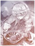  1girl anastasia_(fate/grand_order) blush bowl braid chopsticks cup drinking_glass eating fate/grand_order fate_(series) fingernails food greyscale hairband highres long_hair mithurugi-sugar monochrome noodles ramen sweater twitter_username 