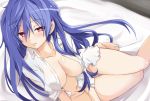  1girl bare_legs barefoot bed_sheet blue_hair blush breasts cleavage eyebrows_visible_through_hair iris_heart iwasi-r kami_jigen_game_neptune_v light_smile long_hair looking_at_viewer medium_breasts navel neptune_(series) on_bed power_symbol purple_eyes red_eyes shirt sitting sitting_on_bed solo symbol-shaped_pupils very_long_hair white_shirt 