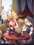  2girls 6+others ahoge azur_lane bangs bare_shoulders beret blunt_bangs blurry blurry_background blush body_markings breasts cake closed_mouth collared_dress cup day dress drinking_straw eating eyebrows_visible_through_hair food gloves hair_ornament hat highres holding holding_food holding_spoon iron_cross jacket logo long_hair mole mole_under_eye multiple_girls multiple_others official_art one-piece_swimsuit outdoors pink_hair pretzel satchely shade short_hair silver_hair single_glove sitting sleeveless sleeveless_dress small_breasts smile spoon swimsuit two_side_up u-81_(azur_lane) very_long_hair watermark white_gloves yellow_eyes z46_(azur_lane) 
