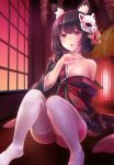  1girl animal_ear_fluff animal_ears areolae azur_lane bangs black_hair black_kimono blush breasts brown_hair cat_ears commentary_request fang indoors japanese_clothes kimono large_breasts long_sleeves looking_at_viewer mask mask_on_head misashi_(raichi821) off_shoulder on_floor open_mouth red_eyes short_hair sitting solo tatami thighhighs white_legwear wide_sleeves yamashiro_(azur_lane) 