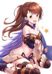  1girl bangs bare_shoulders beatrix_(granblue_fantasy) black_gloves blush boots breasts brown_eyes brown_hair cleavage detached_collar detached_sleeves eyebrows_visible_through_hair flying_sweatdrops gloves granblue_fantasy high_heel_boots high_heels highres large_breasts lips long_hair long_sleeves looking_at_viewer navel open_mouth ponytail simple_background sitting solo star striped striped_legwear swept_bangs tears thighhighs tomo_(user_hes4085) wariza white_background 