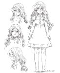  1girl alternate_costume artist_name barefoot dated dress expressions full_body greyscale hair_between_eyes kantai_collection kawashina_(momen_silicon) long_hair monochrome multiple_views pola_(kantai_collection) simple_background upper_body wavy_hair 