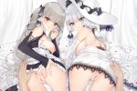  1boy 2girls absurdres all_fours anus ass azur_lane bangs bare_shoulders bed bed_sheet black_dress blush bottomless breasts breasts_outside clitoris commentary_request dress elbow_gloves eyebrows_visible_through_hair fingernails formidable_(azur_lane) frilled_dress frills from_behind gloves grey_hair hair_between_eyes hair_ribbon hand_on_ass hand_to_own_mouth hat hetero highres illustrious_(azur_lane) indoors jyt lace lace-trimmed_dress lace-trimmed_headwear lace_trim large_breasts long_hair looking_at_viewer looking_back low_ponytail mole mole_under_eye multiple_girls nipples no_panties on_bed parted_lips pillow presenting pussy red_eyes ribbon sidelocks smile strapless strapless_dress sun_hat take_your_pick tress_ribbon twintails two-tone_dress two-tone_ribbon uncensored very_long_hair white_dress white_gloves white_headwear 