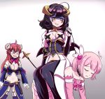  &gt;_&lt; 3girls absurdres ahoge all_fours ass bdsm belt black_hair blush bow bowtie breasts chiyoda_momo closed_eyes collar commentary corset crossover demon_girl demon_horns demon_tail demon_wings dominatrix fang food_themed_hair_ornament grey_background hair_ornament highres hiiragi_utena horns human_chair human_furniture large_breasts leash long_hair machikado_mazoku magical_girl mahou_shoujo_ni_akogarete mc_kawaii medium_breasts multiple_girls navel open_mouth panties peach_hair_ornament pink_hair red_hair revealing_clothes short_hair simple_background sitting sitting_on_person skin_fang smile star star-shaped_pupils symbol-shaped_pupils tail thighhighs topless underwear white_background wings yoshida_yuuko_(machikado_mazoku) yuri 