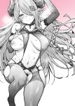  1girl bangs bare_shoulders blush breasts bridal_gauntlets choker closed_mouth collarbone covered_nipples draph gradient gradient_background granblue_fantasy greyscale hair_ornament hair_over_one_eye hairclip hand_on_own_chest horns inverted_nipples large_breasts lingerie long_hair looking_at_viewer monochrome mushi024 narmaya_(granblue_fantasy) navel nipples one_breast_out pink_background pointy_ears pubic_hair smile solo sweat thighs underwear 