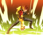  1boy black_jacket cropped_jacket highres ishiyumi jacket kazuma_(scryed) male_focus orange_armor pose power_fist scryed 
