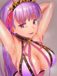  1girl bangs bare_shoulders bb_(fate)_(all) bb_(swimsuit_mooncancer)_(fate) bead_bracelet beads bikini_top bracelet breasts cleavage fate/grand_order fate_(series) hair_ornament hair_ribbon hairband jewelry large_breasts long_hair looking_at_viewer neck_ribbon purple_bikini_top purple_eyes purple_hair ribbon simple_background smile standing star star_hair_ornament swimsuit tan very_long_hair zenshin 