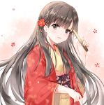  1girl bangs black_hair brown_kimono closed_fan commentary_request eyebrows_visible_through_hair fan floral_background floral_print flower folding_fan grey_eyes hair_flower hair_ornament hand_up holding holding_fan idolmaster idolmaster_cinderella_girls japanese_clothes kimono kobayakawa_sae long_hair long_sleeves looking_at_viewer obi open_clothes parted_lips pf print_kimono red_flower sash smile solo very_long_hair wide_sleeves 