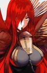 1girl bangs black_bodysuit bodysuit breastplate breasts bubble_tea_challenge cape chain close-up cup drink drinking_straw fate/grand_order fate_(series) hews_hack highres holding_drink large_breasts looking_at_viewer oda_nobunaga_(fate)_(all) oda_nobunaga_(maou_avenger)_(fate) one_eye_covered red_cape red_eyes red_hair simple_background sipping sitting_on_breasts solo 