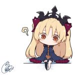  1girl ? bangs barefoot beni_shake black_legwear blonde_hair blue_cloak blue_dress blush bow brown_eyes chibi cloak closed_mouth commentary_request dress earrings ereshkigal_(fate/grand_order) eyebrows_visible_through_hair fate/grand_order fate_(series) full_body fur-trimmed_cloak fur_trim hair_bow infinity jewelry long_hair looking_at_viewer no_shoes parted_bangs red_bow signature single_thighhigh sitting solo thighhighs tiara two_side_up very_long_hair white_background 