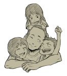  2boys 2girls bokurano brother_and_sister brothers child closed_eyes family greyscale hakei hand_up hug monochrome multiple_boys multiple_girls on_head one_eye_closed open_mouth short_hair siblings simple_background sisters smile white_background yamura_daiichi yamura_futaba yamura_santa yamura_yoshi 