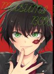  1girl bangs black_hair blush closed_mouth fang fang_out finger_to_mouth green_eyes lipstick_mark looking_at_viewer meitantei_conan messy_hair naruse_mio_(loveaph) portrait red_background sera_masumi short_hair smile solo spread_fingers 