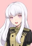  1girl akina_(akn_646) epaulettes fire_emblem fire_emblem:_three_houses garreg_mach_monastery_uniform highres long_hair lysithea_von_ordelia open_mouth pink_background pink_eyes simple_background solo uniform upper_body white_hair 