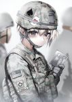  1girl ace ace_of_hearts american_flag backpack bag blonde_hair card gloves helmet holding_photo load_bearing_vest looking_at_viewer looking_to_the_side military military_uniform muted_color original photo_(object) playboy playing_card samazuka_mashiro short_hair soldier solo_focus spade_(shape) uniform 