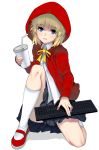  1girl blonde_hair blue_eyes cloak cup drinking_straw eyebrows_visible_through_hair highres holding holding_cup hood hood_up hooded_cloak keyboard_(computer) knee_up little_red_riding_hood little_red_riding_hood_(grimm) looking_at_viewer masao red_cloak red_hood short_hair sitting solo white_background 