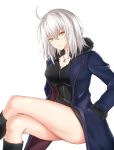  1girl ahoge bangs black_dress black_footwear blue_jacket boots breasts cleavage commentary_request crossed_legs dress eyebrows_visible_through_hair fate/grand_order fate_(series) feet_out_of_frame fur-trimmed_sleeves fur_trim hair_between_eyes hands_in_pockets head_tilt highres invisible_chair jacket jeanne_d&#039;arc_(alter)_(fate) jeanne_d&#039;arc_(fate)_(all) jewelry knee_boots large_breasts long_sleeves looking_at_viewer necklace open_clothes open_jacket piro_(iiiiiiiiii) short_dress short_hair silver_hair simple_background sitting solo thighs white_background wicked_dragon_witch_ver._shinjuku_1999 yellow_eyes 