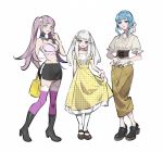  3girls alternate_costume bag blue_hair bow closed_mouth comfeer contemporary dress fire_emblem fire_emblem:_three_houses gloves hair_bow hair_ornament hairclip handbag high_heels hilda_valentine_goneril long_hair lysithea_von_ordelia marianne_von_edmund multiple_girls pink_eyes pink_hair pink_legwear short_sleeves simple_background skirt sleeveless sleeveless_dress twintails white_background white_gloves white_hair white_legwear 