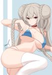  1girl ass azur_lane bare_arms bare_shoulders bikini blue_bikini braid breasts choker closed_mouth collarbone dated double_bun formidable_(azur_lane) formidable_(the_lady_of_the_beach)_(azur_lane) grey_hair hair_bun large_breasts long_hair looking_at_viewer multi-strapped_bikini red_eyes signature solo swimsuit thighhighs twin_braids twintails twitter_username unel very_long_hair white_legwear 