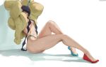  1girl absurdres arms_up black_hair blue_eyes breasts coat cutesexyrobutts from_behind gym_leader highres kamitsure_(pokemon) long_hair long_legs looking_at_viewer paid_reward patreon_reward pokemon pokemon_(game) pokemon_bw2 signature simple_background sitting small_breasts solo thick_thighs thighs thong twintails very_long_hair white_background 