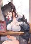  1girl black_hair black_jacket black_skirt blush book breast_rest breasts chair cleavage collared_shirt desk erection erection_under_clothes futanari graphite_(medium) grin hair_between_eyes hair_ornament hairclip hand_on_own_cheek heart highres huge_penis indoors jacket large_breasts laughing long_hair long_sleeves looking_at_viewer luse_maonang mars_symbol mechanical_pencil miniskirt on_chair open_book open_clothes open_jacket original parted_lips pencil penis pink_eyes precum precum_drip precum_trail school_chair school_desk school_uniform shirt sidelocks sitting skirt skirt_lift smile solo traditional_media tsurime twintails uncensored veins veiny_penis venus_symbol white_shirt x-ray 