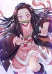  1girl absurdres bamboo bit_gag black_hair brown_hair commentary_request forehead gag gradient_hair gu_li hair_ribbon highres japanese_clothes kamado_nezuko kimetsu_no_yaiba kimono long_hair long_sleeves looking_at_viewer mouth_hold multicolored_hair pink_eyes pink_kimono pink_ribbon ribbon solo two-tone_hair very_long_hair 