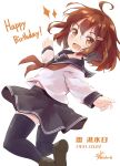  1girl :d ahoge black_legwear black_sailor_collar black_skirt blush brown_eyes brown_hair character_name commentary_request dated english_text fang hair_ornament hairclip highres ikazuchi_(kantai_collection) kantai_collection long_sleeves mizutan64 neckerchief open_mouth pleated_skirt red_neckwear sailor_collar school_uniform serafuku short_hair signature simple_background skirt smile solo thighhighs twitter_username white_background 