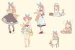  1girl :i alicia_(pop&#039;n_music) apron barefoot basin beige_background black_legwear black_skirt bloomers blue_bow blue_dress blush_stickers bow brooch bucket chair closed_eyes double_bun dress eating first_aid_kit food food_on_face fume green_eyes hair_bow hairband halterneck hat high-waist_skirt holding holding_food holding_stuffed_animal jewelry leoharju long_hair long_sleeves looking_at_viewer multiple_views no_shoes nurse_cap one-piece_swimsuit outstretched_arm pantyhose petticoat pink_hair pop&#039;n_music pout reaching red_bow red_footwear rubber_duck shirt shoes short_sleeves simple_background sitting skirt socks standing striped striped_swimsuit stuffed_animal stuffed_bunny stuffed_toy sweat swimsuit towel underwear vertical-striped_dress vertical_stripes waist_apron washbowl water white_dress white_legwear white_shirt 