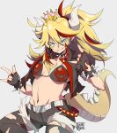  1girl arms_up bangs belt belt_buckle bikini bikini_top black_bikini_top blonde_hair blue_eyes bowser bowsette bracelet breasts buckle collar collarbone cuffs eyebrows_visible_through_hair fingerless_gloves genderswap gloves grey_background grin gurepyon highlights horns jewelry large_breasts mario_(series) multicolored_hair nail_polish navel new_super_mario_bros._u_deluxe punk shorts smile spiked_bracelet spiked_collar spiked_hair spikes star starman_(mario) swimsuit tail thick_eyebrows torn_clothes torn_legwear vest 