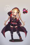  1girl abigail_williams_(fate/grand_order) arm_up bangs belt belt_buckle beret black_bow black_dress black_footwear black_headwear black_jacket black_legwear blonde_hair blue_eyes blush bow buckle chain closed_mouth commentary cosplay dress english_commentary eyebrows_visible_through_hair fate/grand_order fate_(series) frilled_dress frills full_body grey_background hat helena_blavatsky_(fate/grand_order) helena_blavatsky_(fate/grand_order)_(cosplay) jacket long_hair long_sleeves looking_at_viewer miya_(pixiv15283026) open_clothes open_jacket orange_bow parted_bangs peaked_cap red_belt ribbed_legwear salute shadow shoes short_dress smile solo standing strapless strapless_dress thighhighs twintails very_long_hair 